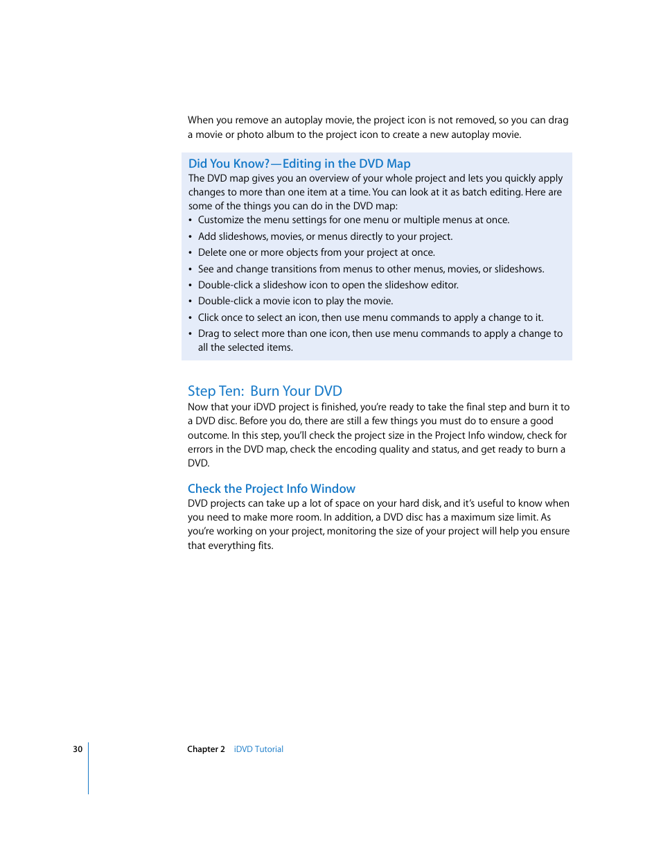 Did you know?—editing in the dvd map, Step ten:burn your dvd, Check the project info window | Step ten: burn your dvd | Apple iDVD 6 User Manual | Page 30 / 48