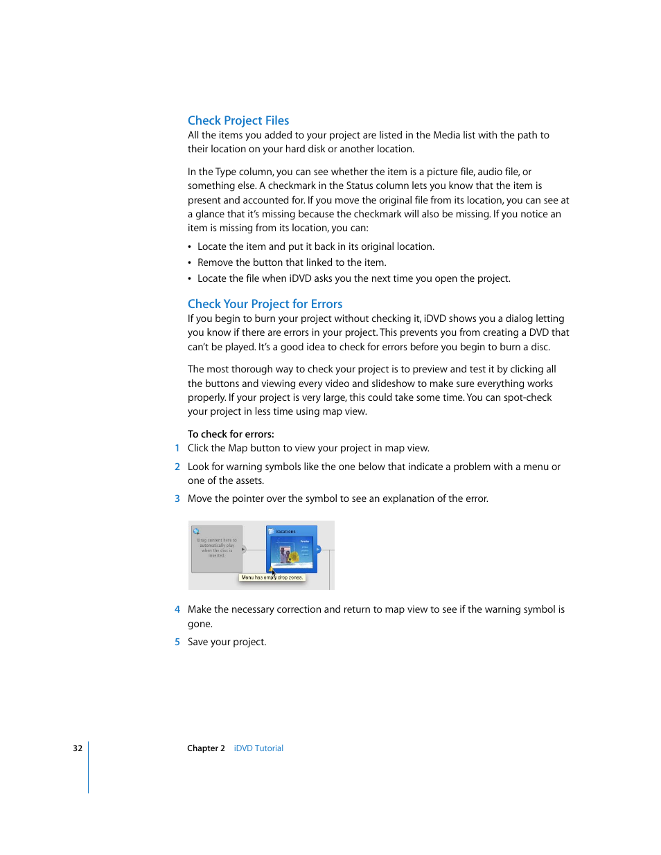 Check project files, Check your project for errors | Apple iDVD 6 User Manual | Page 32 / 48