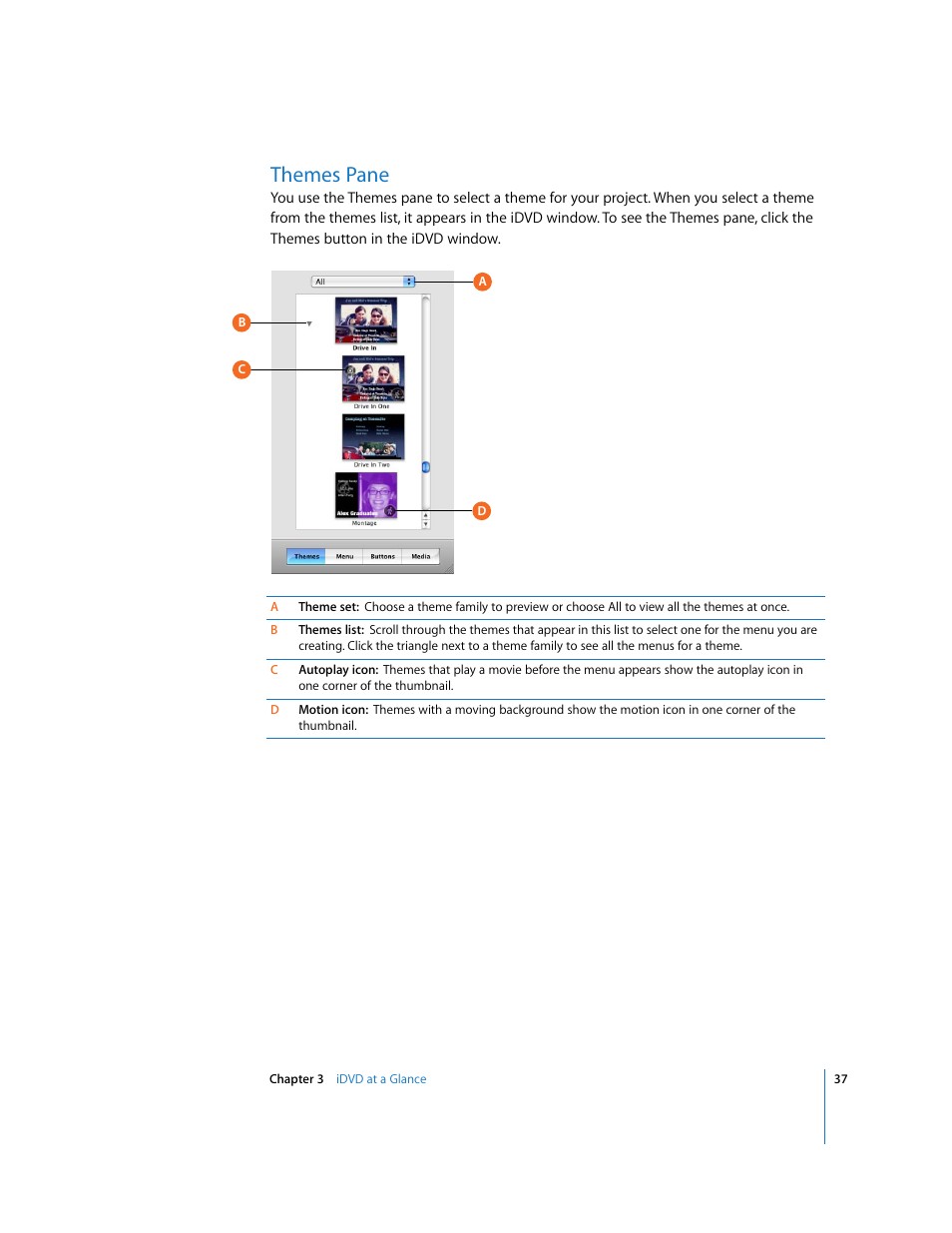 Themes pane | Apple iDVD 6 User Manual | Page 37 / 48