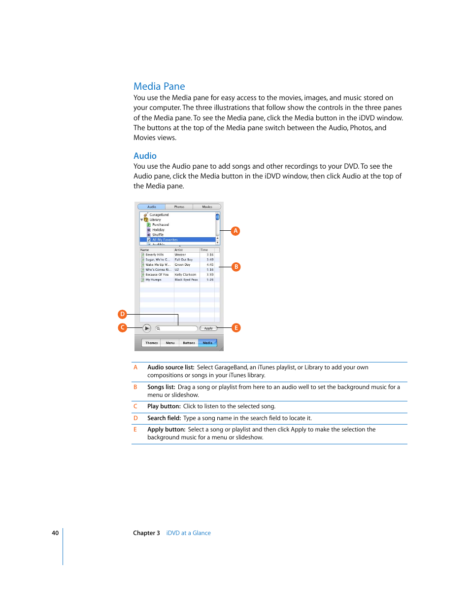 Media pane, Audio | Apple iDVD 6 User Manual | Page 40 / 48