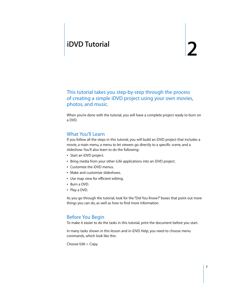 Idvd tutorial, What you’ll learn, Before you begin | Chapter 2 | Apple iDVD 6 User Manual | Page 7 / 48