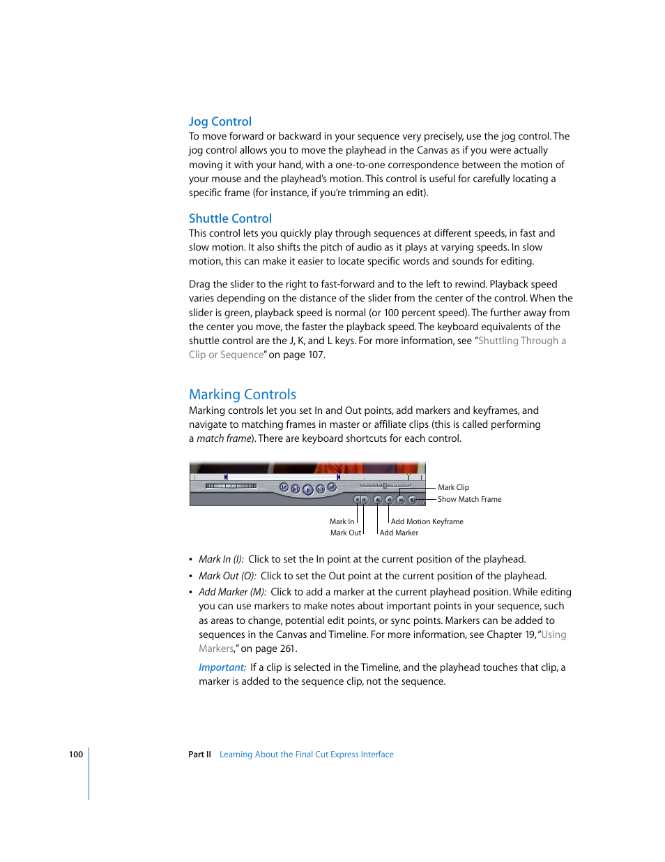 Jog control, Shuttle control, Marking controls | P. 100) | Apple Final Cut Express 4 User Manual | Page 100 / 1152