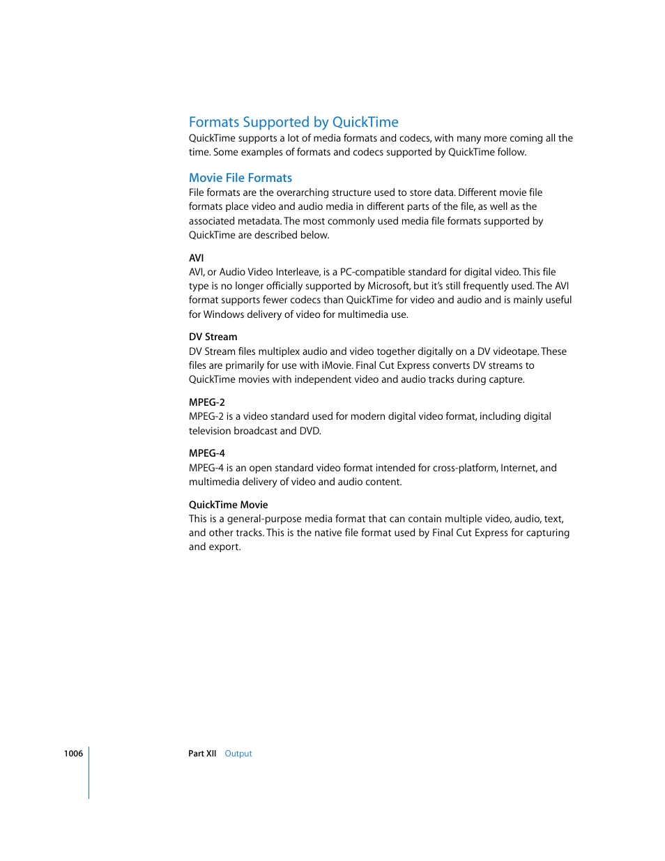 Formats supported by quicktime, Movie file formats | Apple Final Cut Express 4 User Manual | Page 1006 / 1152