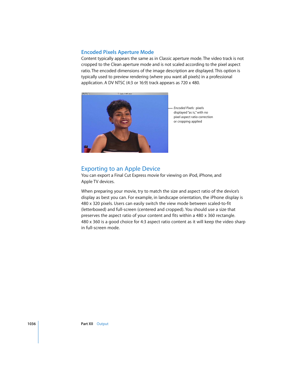 Encoded pixels aperture mode, Exporting to an apple device, P. 1036) | Apple Final Cut Express 4 User Manual | Page 1036 / 1152