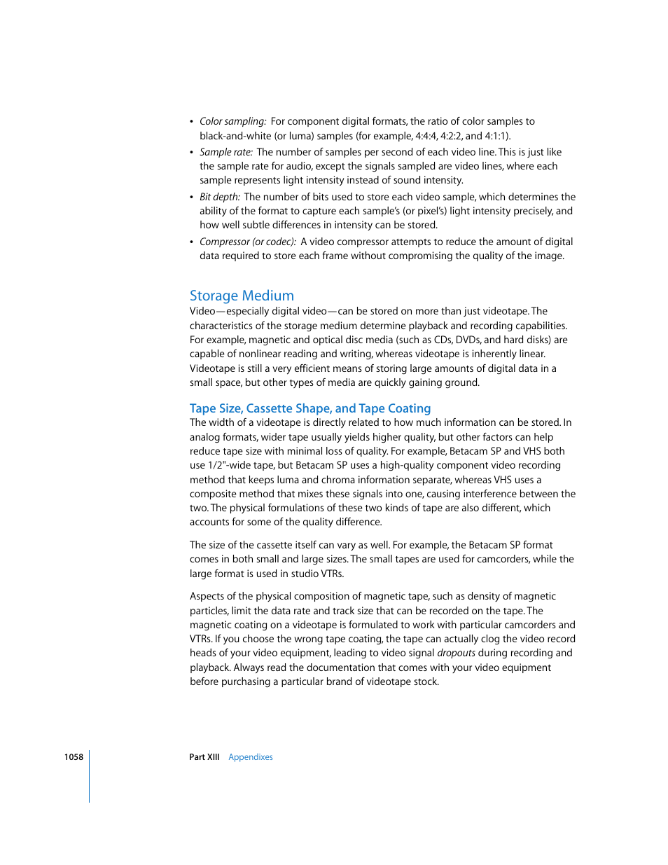 Storage medium, Tape size, cassette shape, and tape coating | Apple Final Cut Express 4 User Manual | Page 1058 / 1152