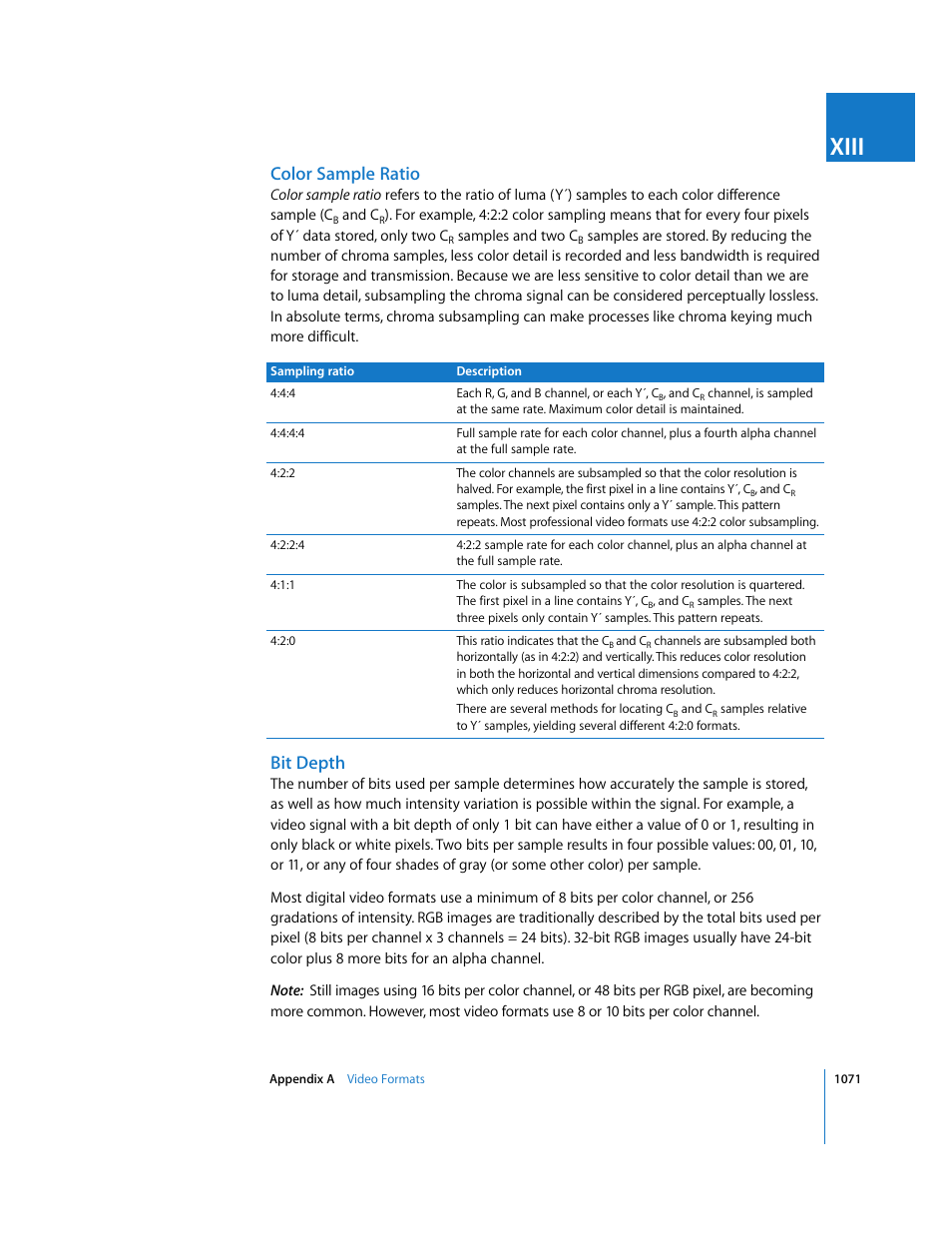 Color sample ratio, Bit depth, Xiii | Apple Final Cut Express 4 User Manual | Page 1071 / 1152