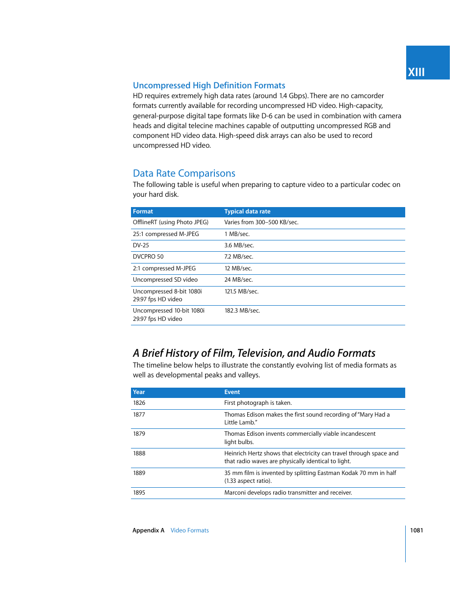 Uncompressed high definition formats, Data rate comparisons, P. 1081) | Xiii | Apple Final Cut Express 4 User Manual | Page 1081 / 1152