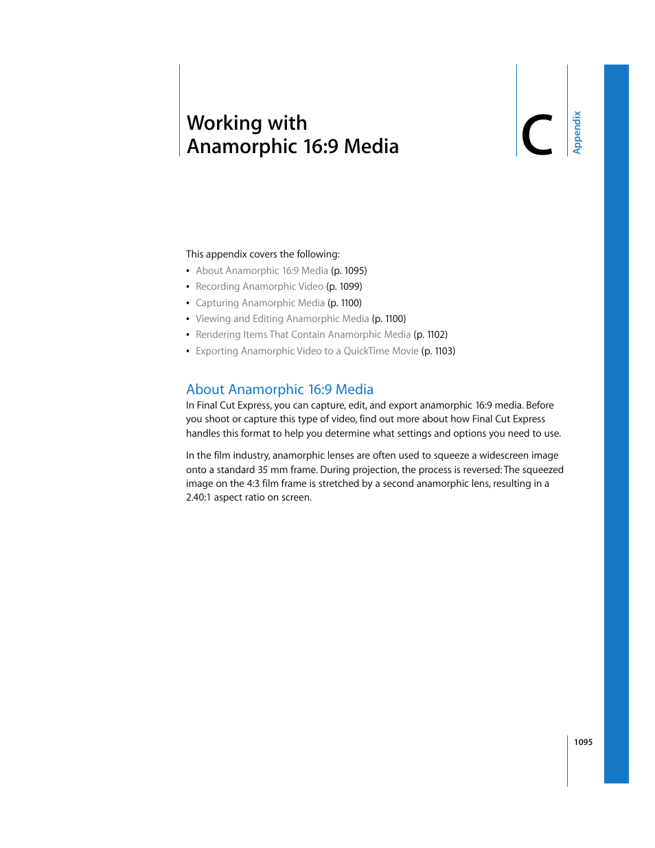 Working with anamorphic16:9media, About anamorphic 16:9 media, Appendix c | Working with anamorphic 16:9 media, See appendix c, Working with, Anamorphic 16:9 media, Working, With anamorphic 16:9 media | Apple Final Cut Express 4 User Manual | Page 1095 / 1152