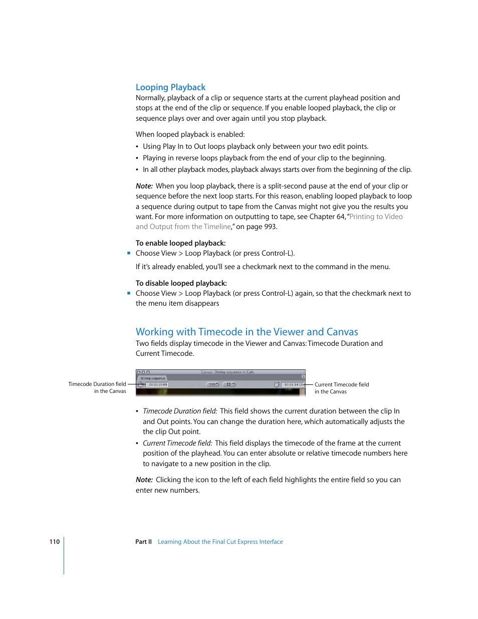 Looping playback, Working with timecode in the viewer and canvas, P. 110) | Apple Final Cut Express 4 User Manual | Page 110 / 1152