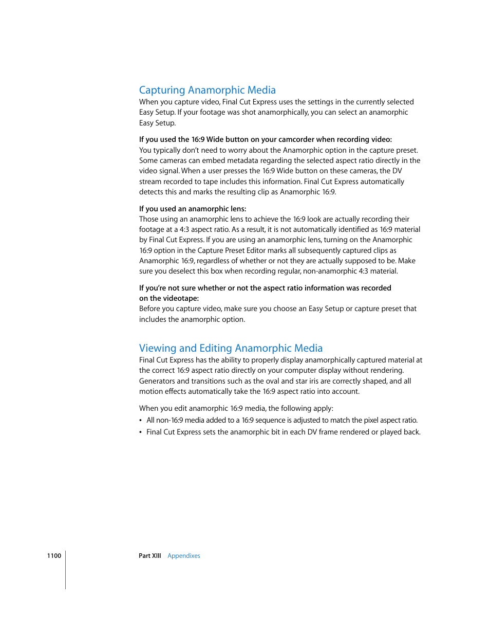 Capturing anamorphic media, Viewing and editing anamorphic media, P. 1100) | Apple Final Cut Express 4 User Manual | Page 1100 / 1152