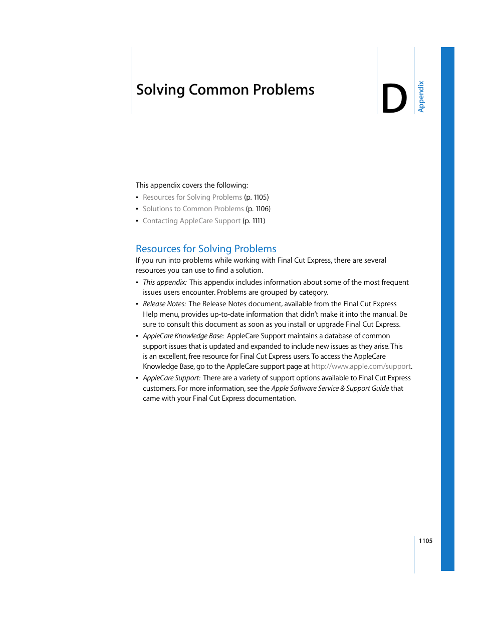 Solving common problems, Resources for solving problems, Appendix d | Apple Final Cut Express 4 User Manual | Page 1105 / 1152