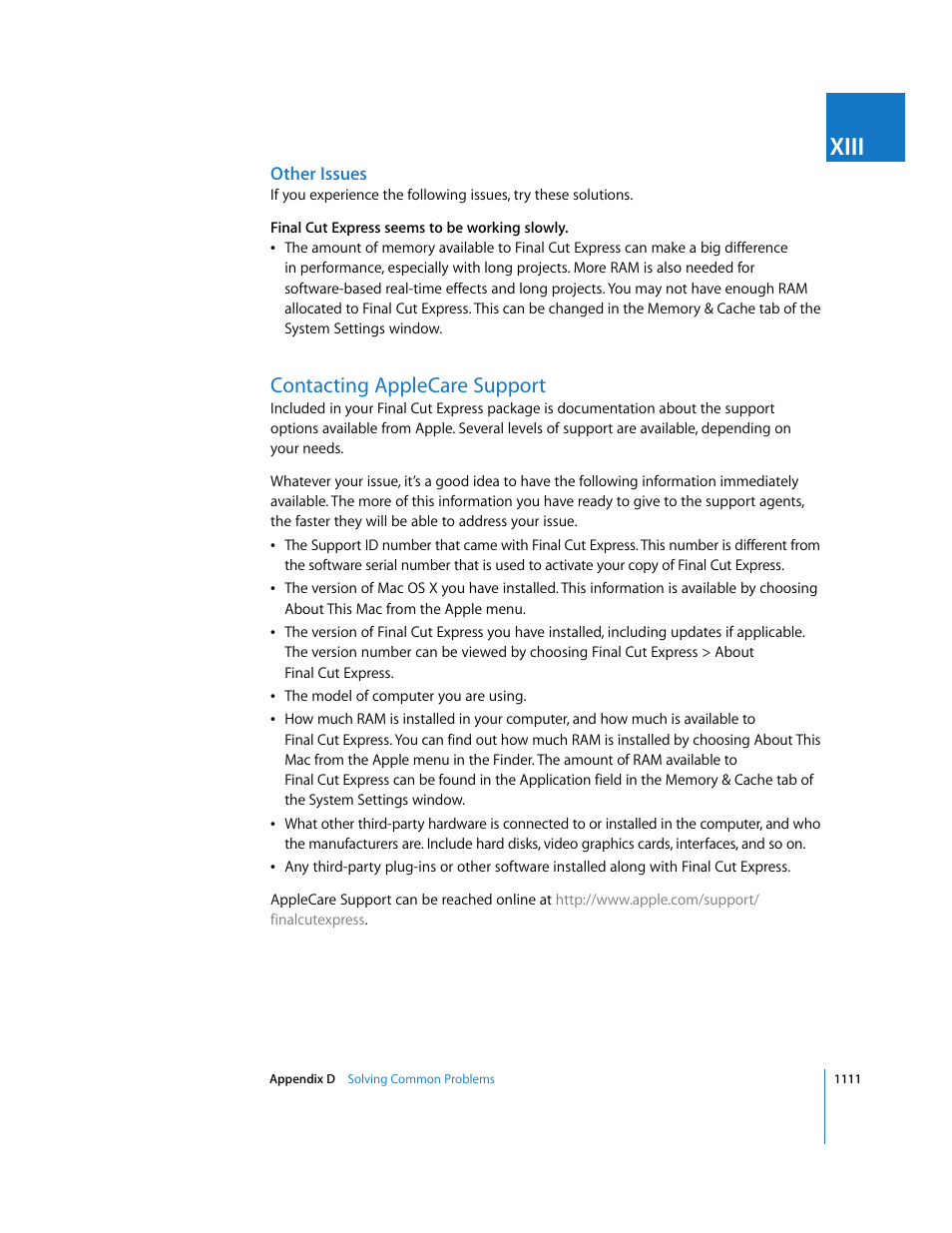 Other issues, Contacting applecare support, P. 1111) | Xiii | Apple Final Cut Express 4 User Manual | Page 1111 / 1152