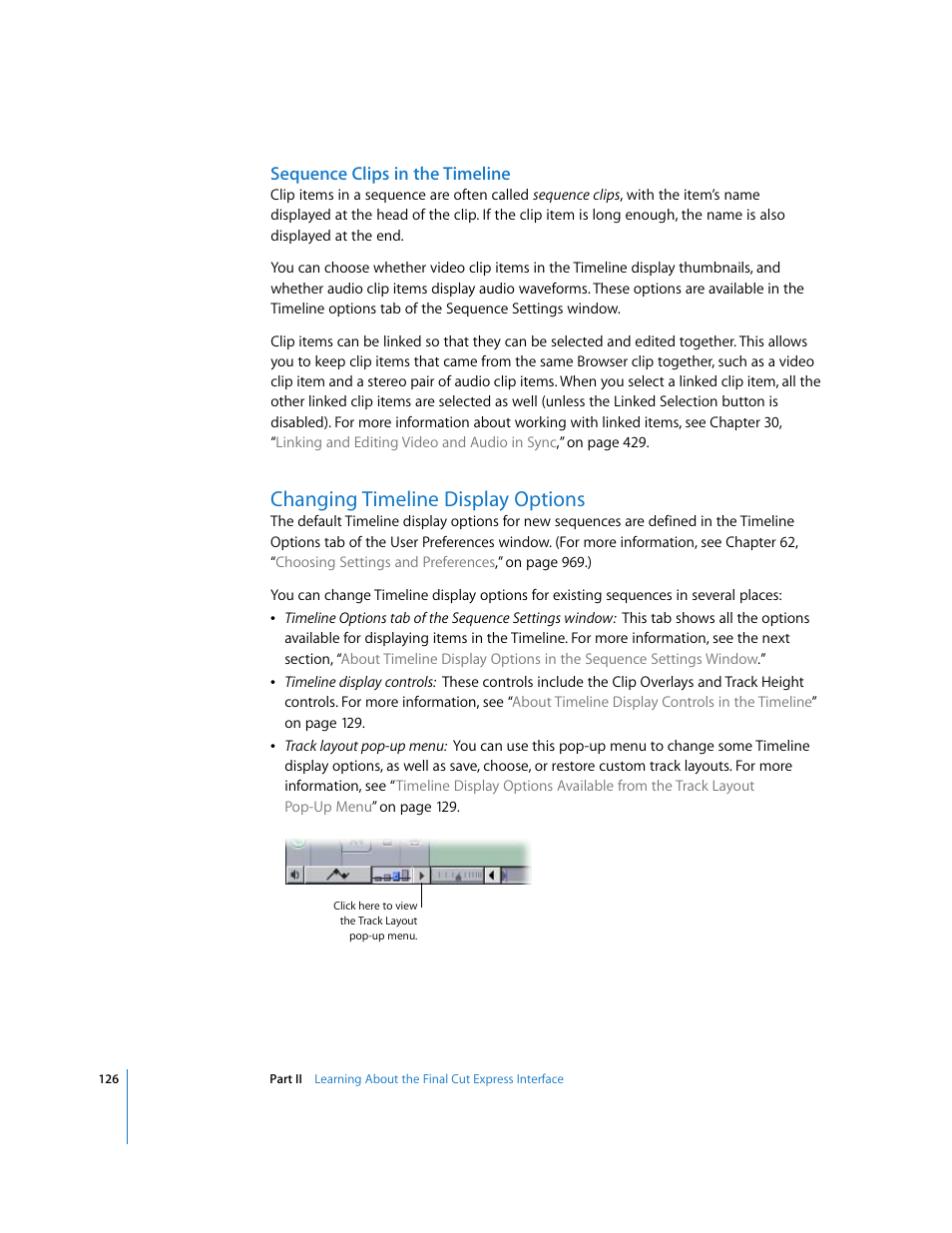 Sequence clips in the timeline, Changing timeline display options, P. 126) | Changing timeline display, Options | Apple Final Cut Express 4 User Manual | Page 126 / 1152