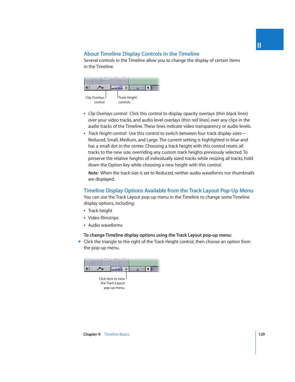 About timeline display controls in the timeline, Pop-up menu | Apple Final Cut Express 4 User Manual | Page 129 / 1152