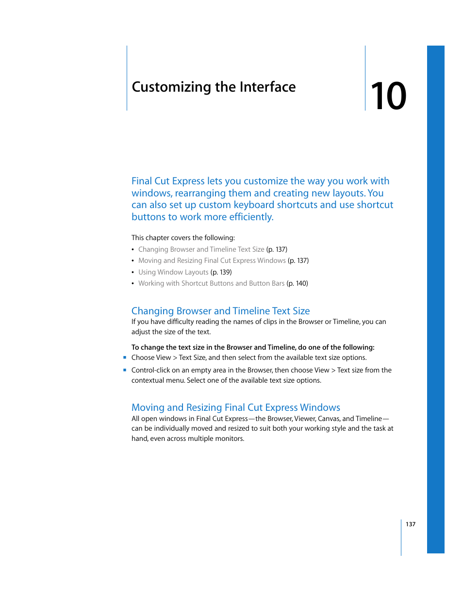 Customizing the interface, Changing browser and timeline text size, Moving and resizing finalcutexpress windows | Chapter 10, Moving and resizing final cut express windows, Moving and resizing, Final cut express windows | Apple Final Cut Express 4 User Manual | Page 137 / 1152