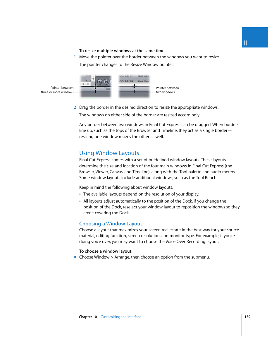 Using window layouts, Choosing a window layout, P. 139) | Apple Final Cut Express 4 User Manual | Page 139 / 1152