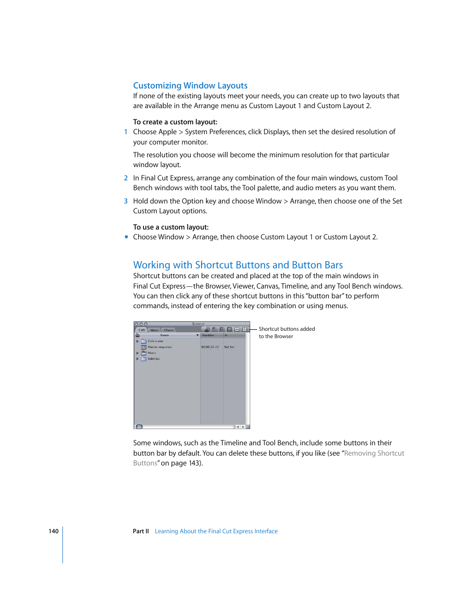 Customizing window layouts, Working with shortcut buttons and button bars, P. 140) | Apple Final Cut Express 4 User Manual | Page 140 / 1152
