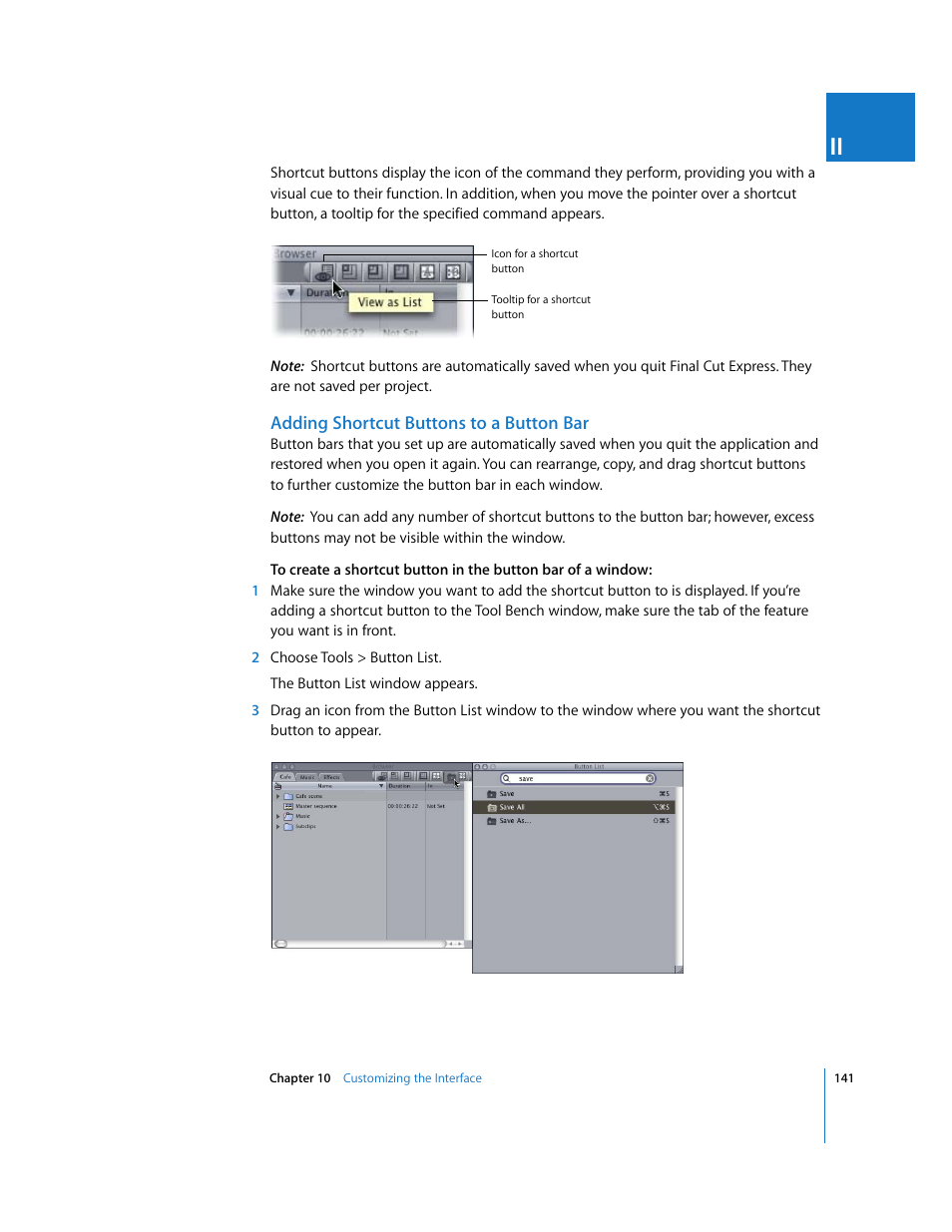 Adding shortcut buttons to a button bar | Apple Final Cut Express 4 User Manual | Page 141 / 1152