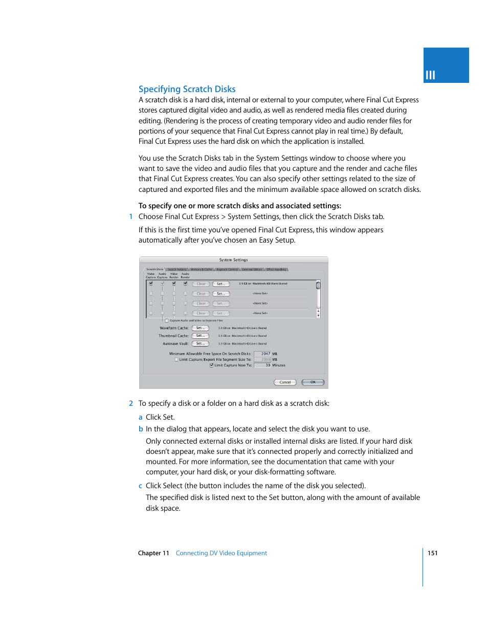 Specifying scratch disks | Apple Final Cut Express 4 User Manual | Page 151 / 1152