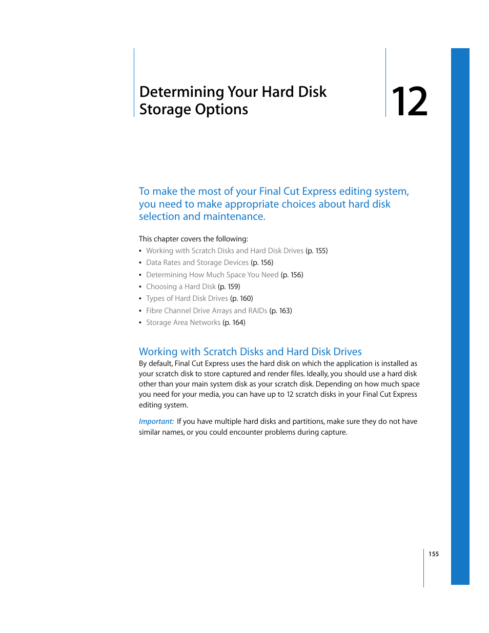 Determining your hard disk storage options, Working with scratch disks and hard disk drives, Chapter 12 | See chapter 12, Determining your hard disk storage, Options | Apple Final Cut Express 4 User Manual | Page 155 / 1152