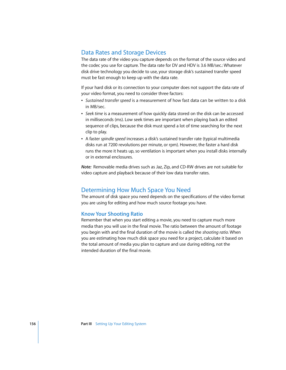 Data rates and storage devices, Determining how much space you need, Know your shooting ratio | P. 156) | Apple Final Cut Express 4 User Manual | Page 156 / 1152