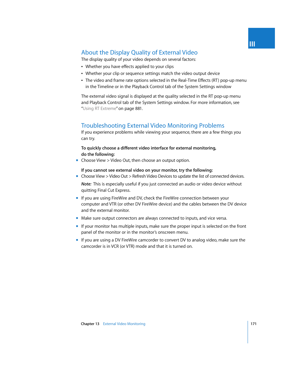 About the display quality of external video, Troubleshooting external video monitoring problems, P. 171) | Apple Final Cut Express 4 User Manual | Page 171 / 1152