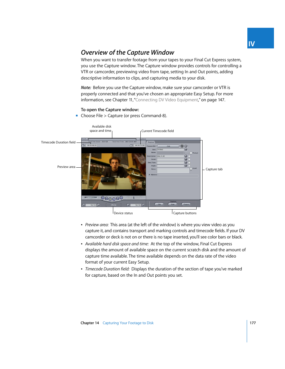Overview of the capture window, P. 177) | Apple Final Cut Express 4 User Manual | Page 177 / 1152
