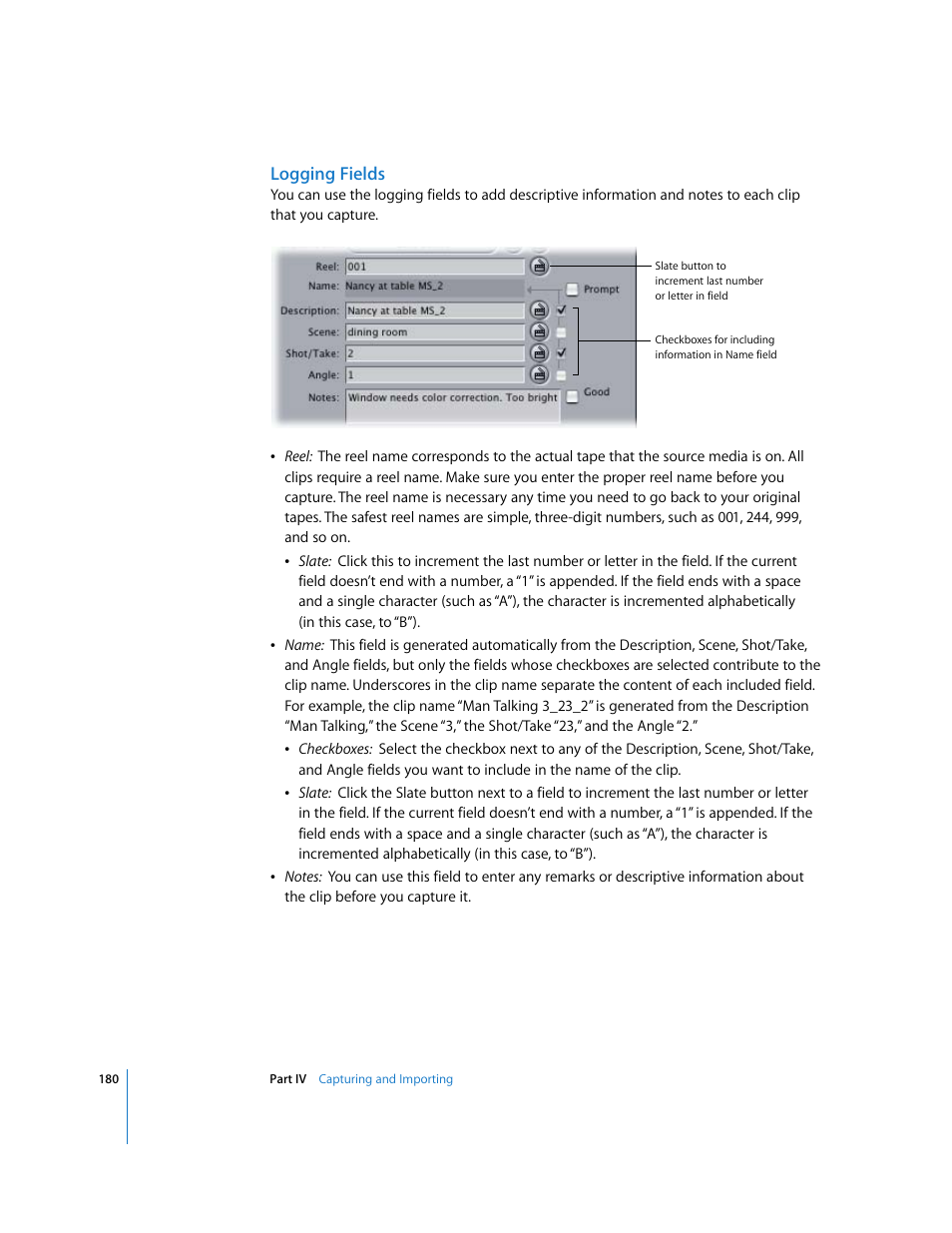 Logging fields | Apple Final Cut Express 4 User Manual | Page 180 / 1152