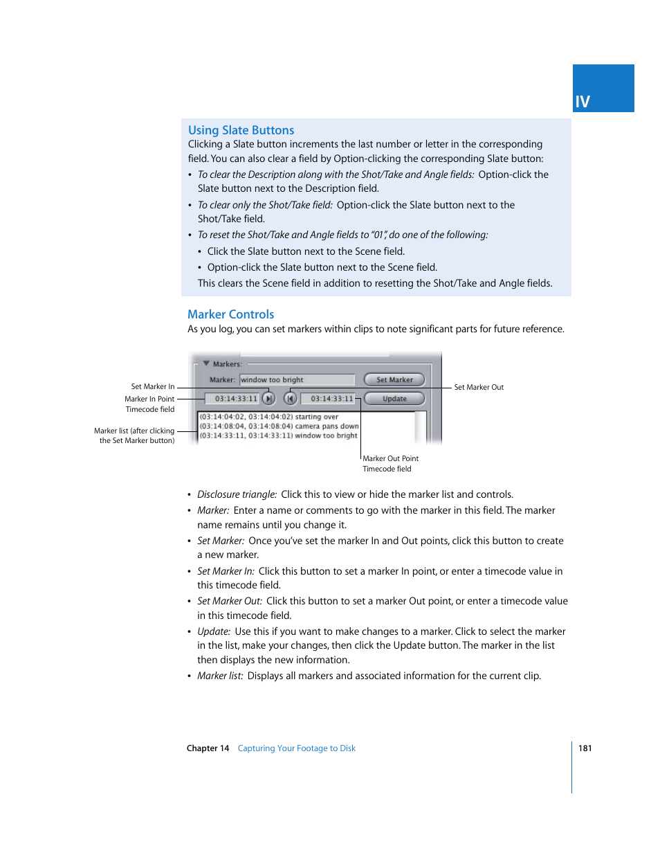Using slate buttons, Marker controls | Apple Final Cut Express 4 User Manual | Page 181 / 1152