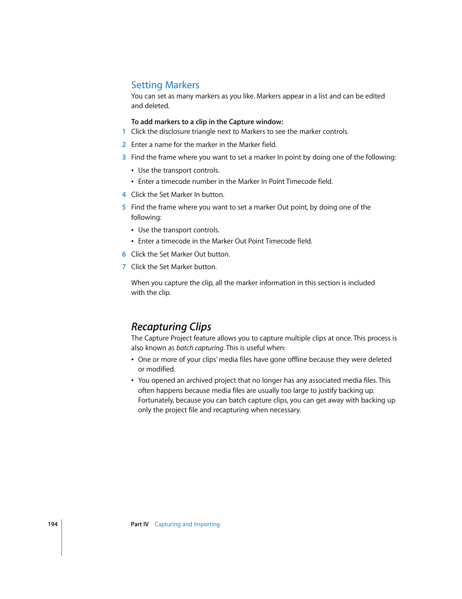 Setting markers, Recapturing clips, P. 194) | Apple Final Cut Express 4 User Manual | Page 194 / 1152