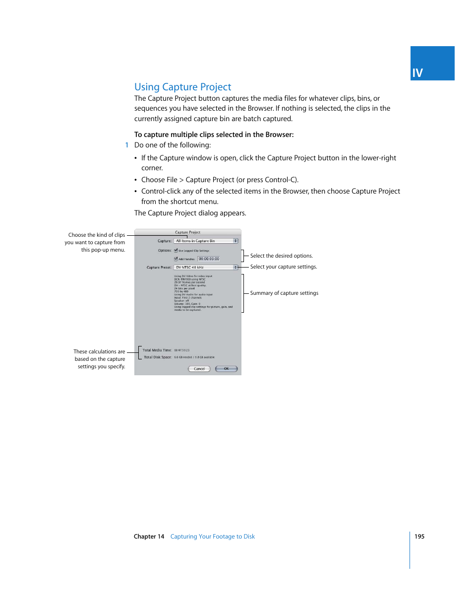 Using capture project | Apple Final Cut Express 4 User Manual | Page 195 / 1152