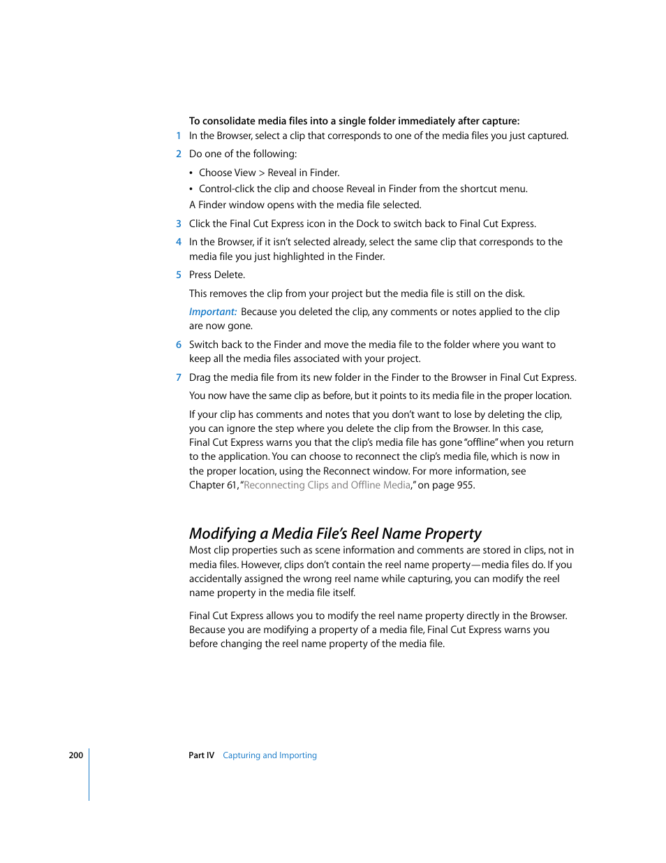 Modifying a media file’s reel name property, P. 200) | Apple Final Cut Express 4 User Manual | Page 200 / 1152