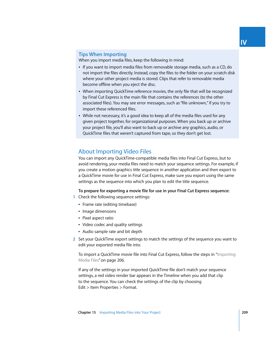 Tips when importing, About importing video files, P. 209) | Apple Final Cut Express 4 User Manual | Page 209 / 1152