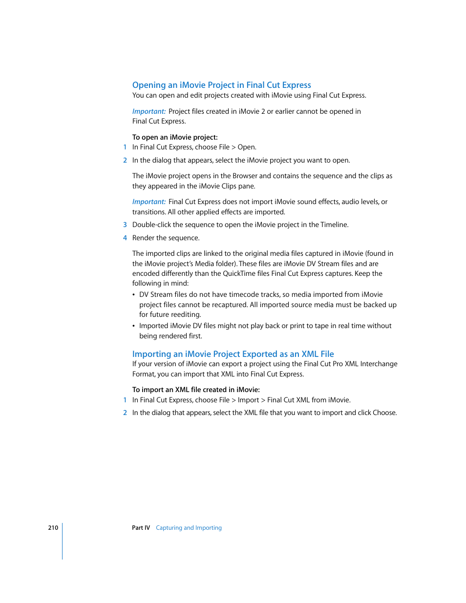 Opening an imovie project in final cut express | Apple Final Cut Express 4 User Manual | Page 210 / 1152