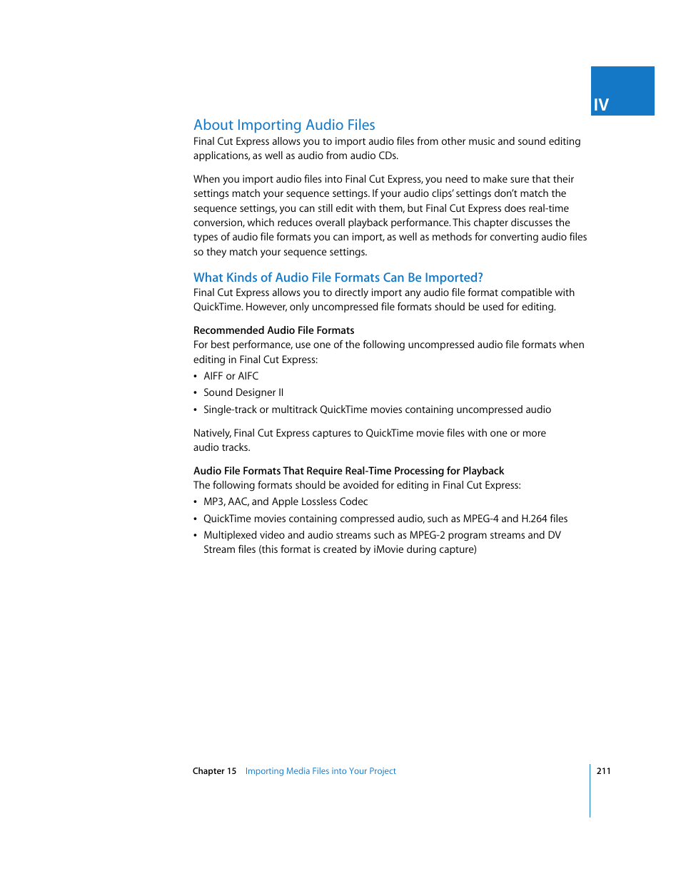 About importing audio files, What kinds of audio file formats can be imported, P. 211) | Apple Final Cut Express 4 User Manual | Page 211 / 1152