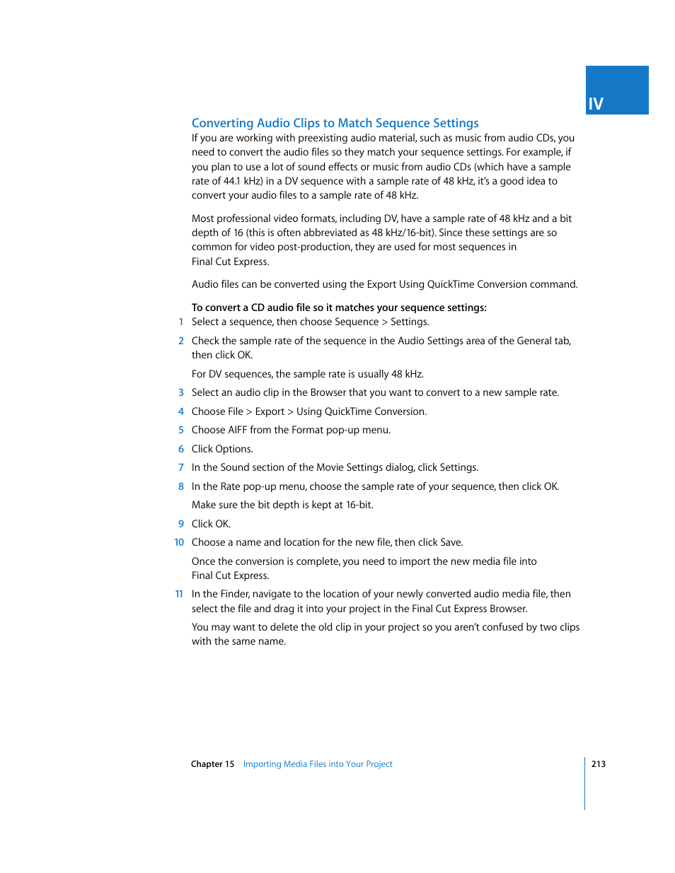 Converting audio clips to match sequence settings | Apple Final Cut Express 4 User Manual | Page 213 / 1152