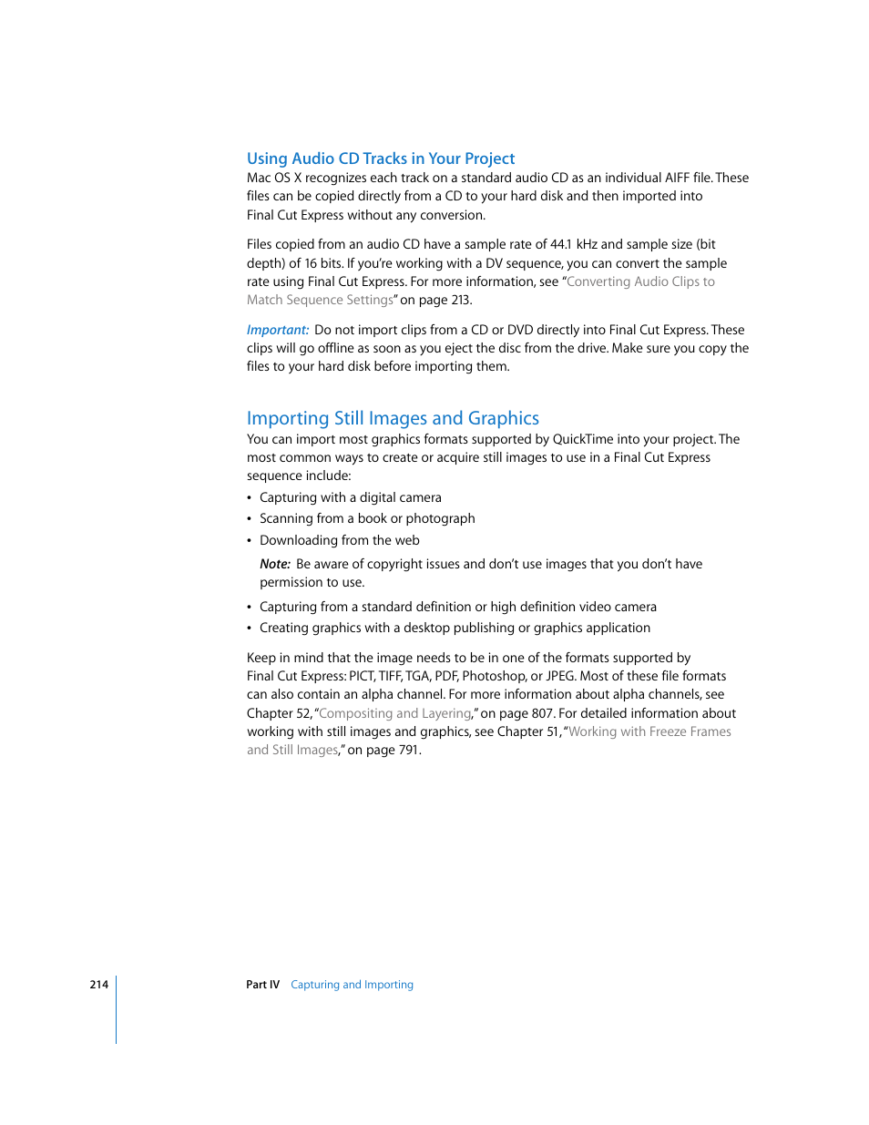 Using audio cd tracks in your project, Importing still images and graphics, P. 214) | Apple Final Cut Express 4 User Manual | Page 214 / 1152