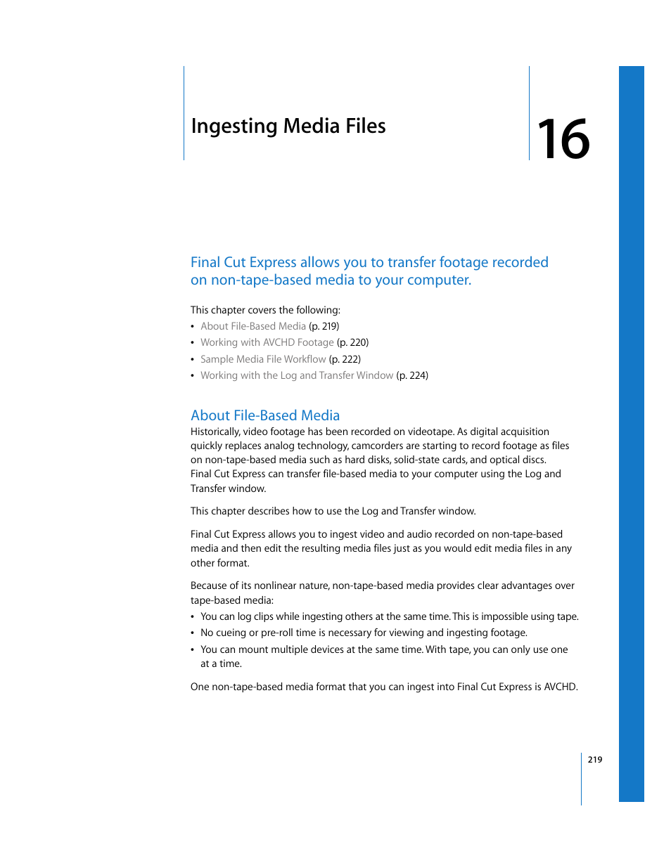 Ingesting media files, About file-based media, Chapter 16 | Apple Final Cut Express 4 User Manual | Page 219 / 1152