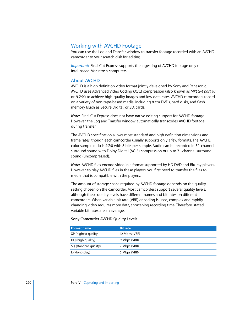 Working with avchd footage, About avchd, P. 220) | Apple Final Cut Express 4 User Manual | Page 220 / 1152