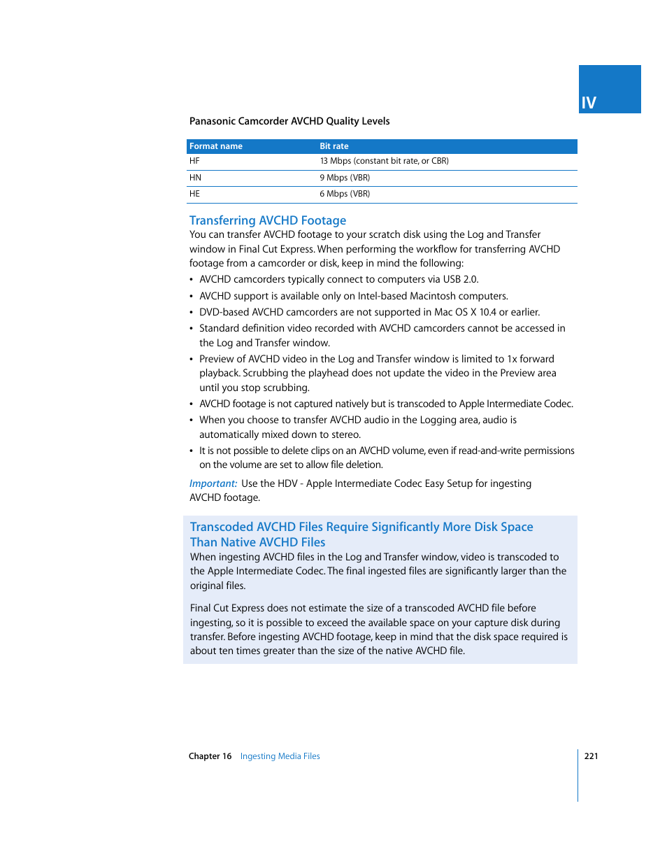 Transferring avchd footage | Apple Final Cut Express 4 User Manual | Page 221 / 1152
