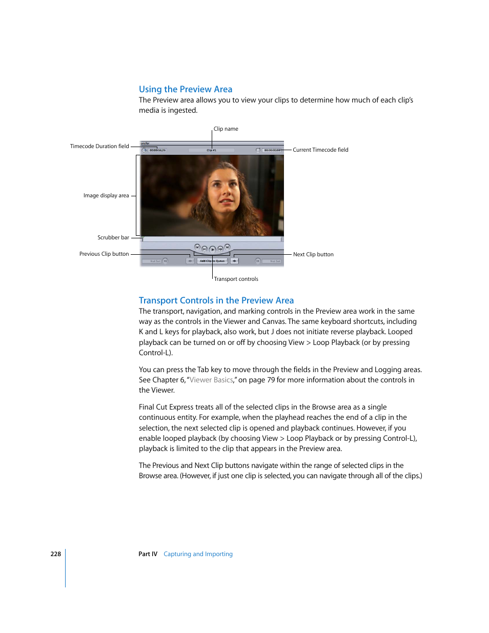 Using the preview area, Transport controls in the preview area | Apple Final Cut Express 4 User Manual | Page 228 / 1152