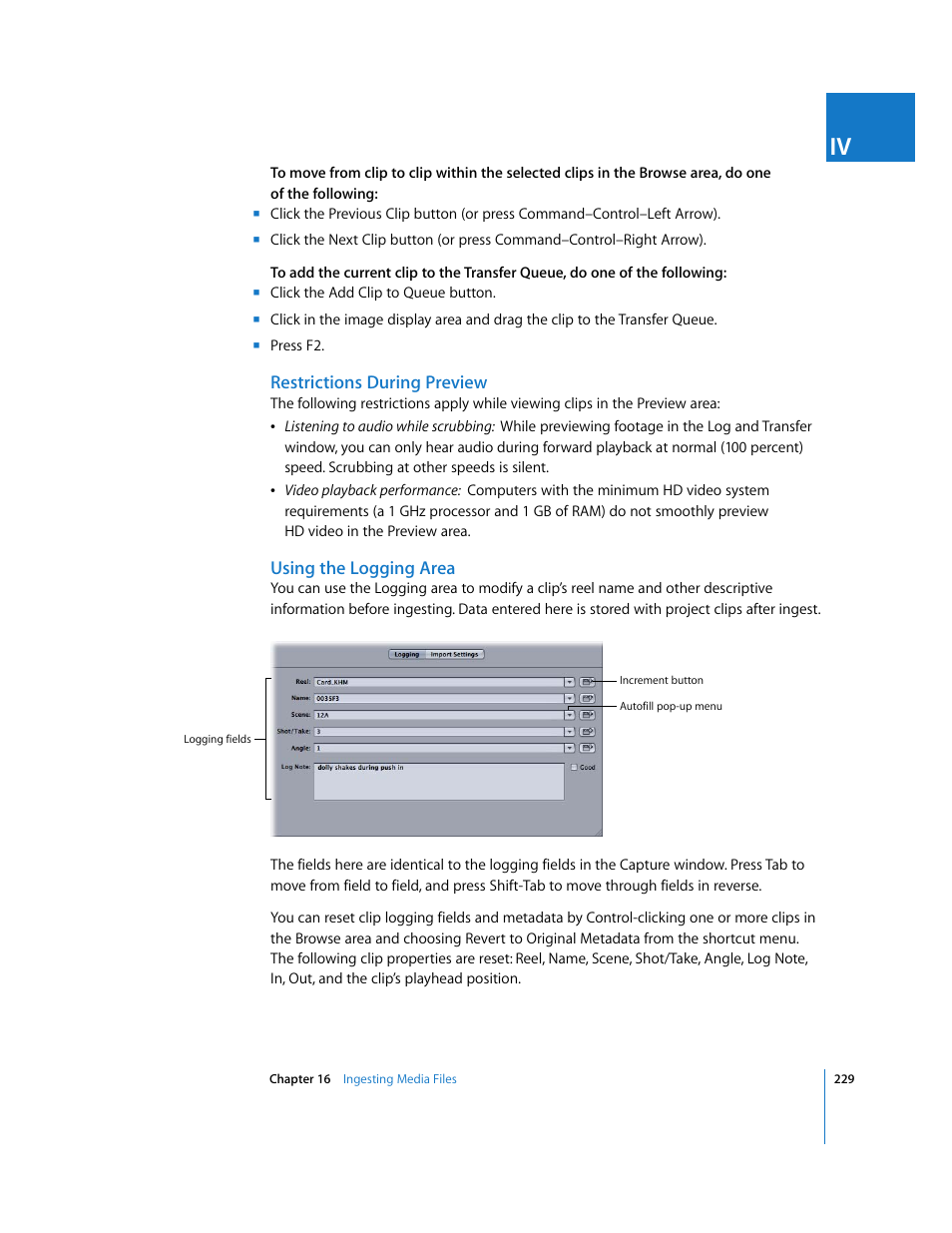 Restrictions during preview, Using the logging area | Apple Final Cut Express 4 User Manual | Page 229 / 1152