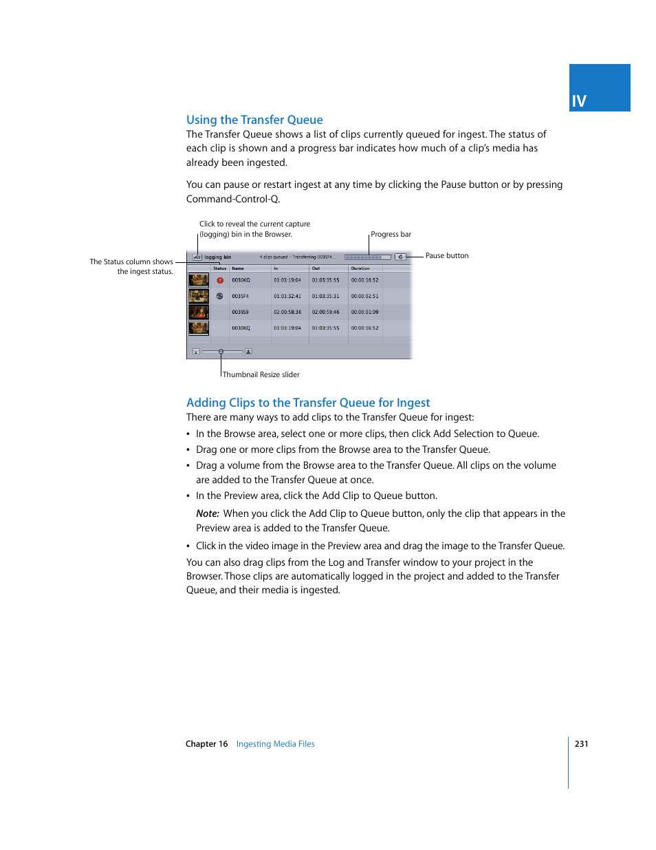 Using the transfer queue, Adding clips to the transfer queue for ingest | Apple Final Cut Express 4 User Manual | Page 231 / 1152