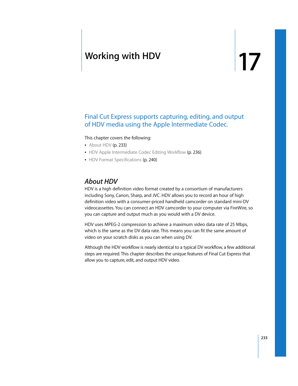 Working with hdv, About hdv, Chapter 17 | Apple Final Cut Express 4 User Manual | Page 233 / 1152