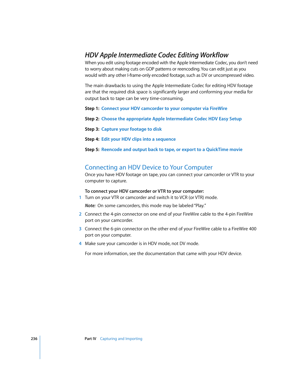 Hdv apple intermediate codec editing workflow, Connecting an hdv device to your computer, P. 236) | Apple Final Cut Express 4 User Manual | Page 236 / 1152