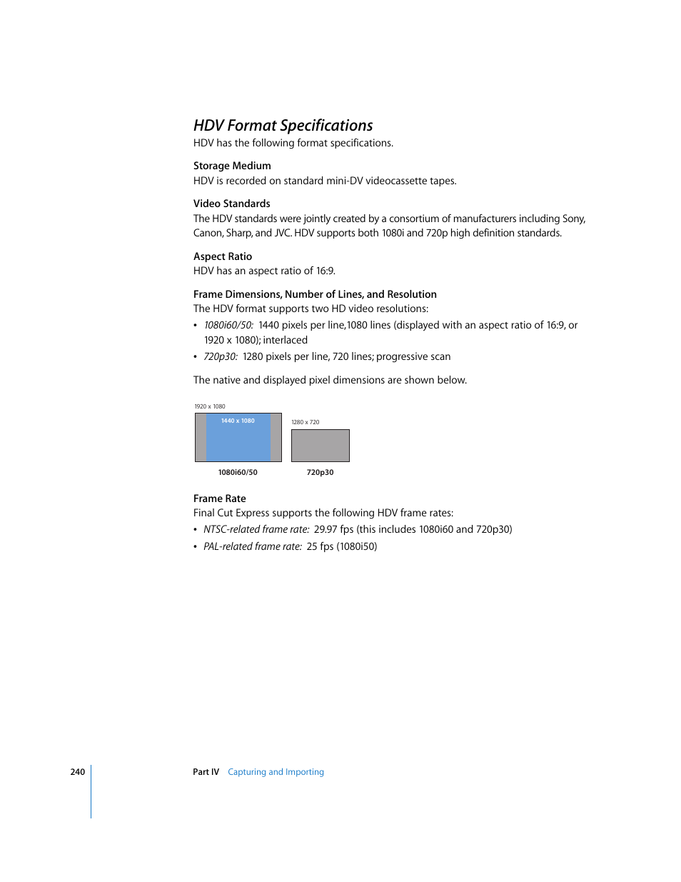 Hdv format specifications, P. 240) | Apple Final Cut Express 4 User Manual | Page 240 / 1152
