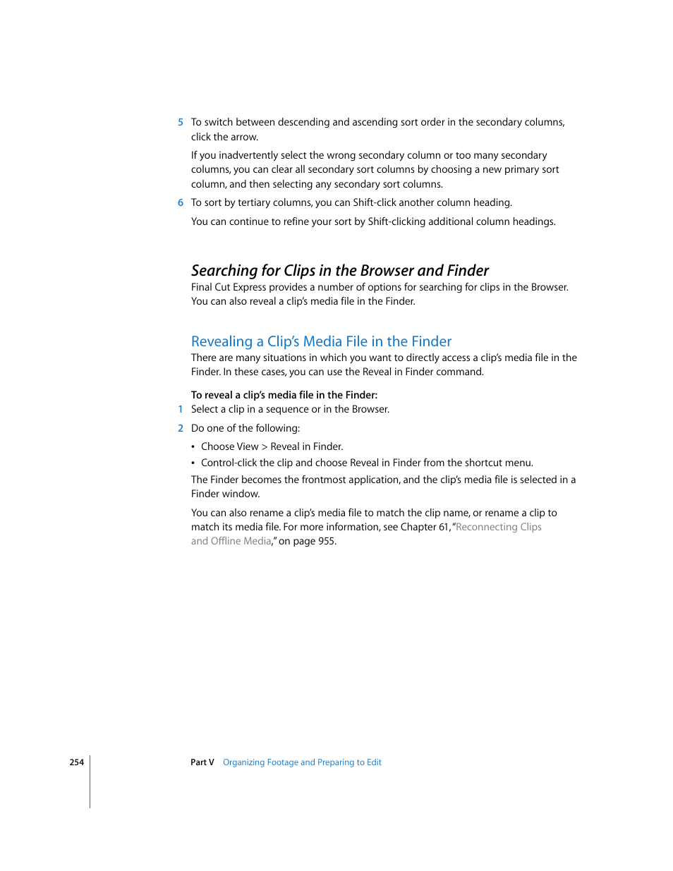 Searching for clips in the browser and finder, Revealing a clip’s media file in the finder, P. 254) | Apple Final Cut Express 4 User Manual | Page 254 / 1152