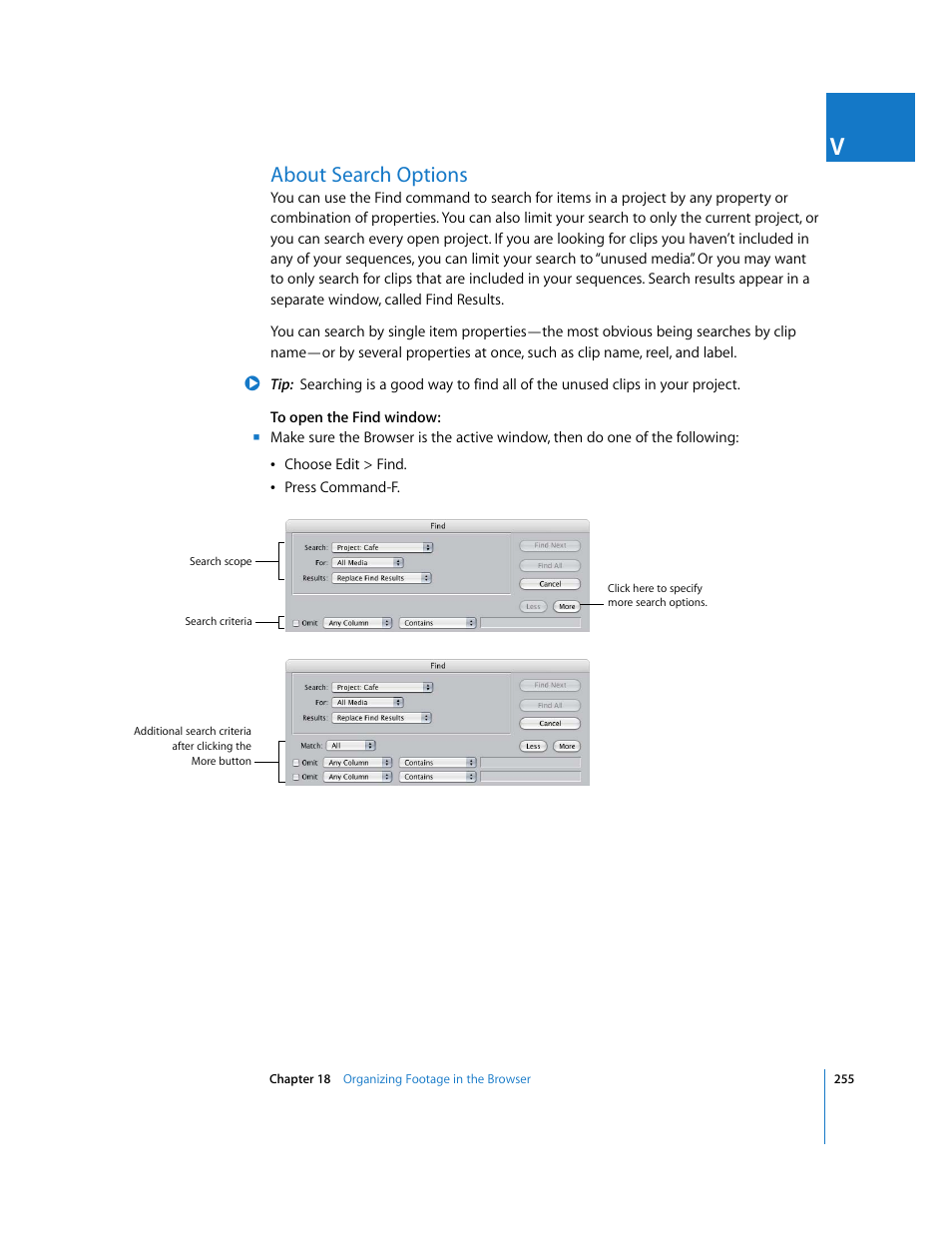 About search options | Apple Final Cut Express 4 User Manual | Page 255 / 1152