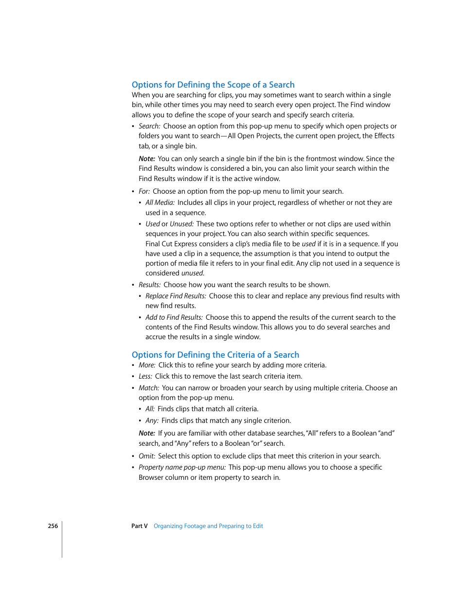 Options for defining the scope of a search, Options for defining the criteria of a search | Apple Final Cut Express 4 User Manual | Page 256 / 1152