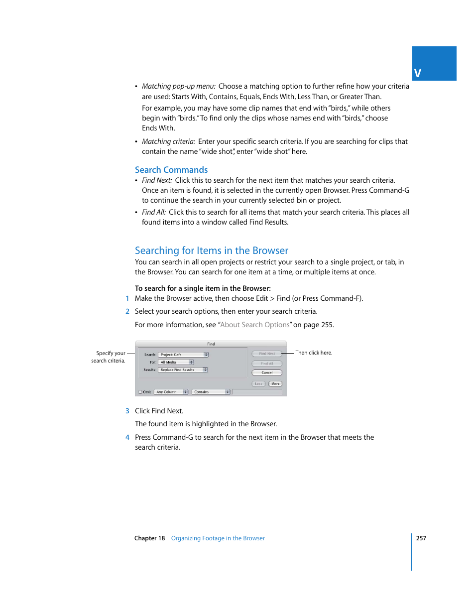 Search commands, Searching for items in the browser | Apple Final Cut Express 4 User Manual | Page 257 / 1152